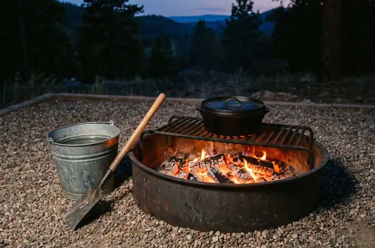 Fire pit for camping with a bucket of water next to it.