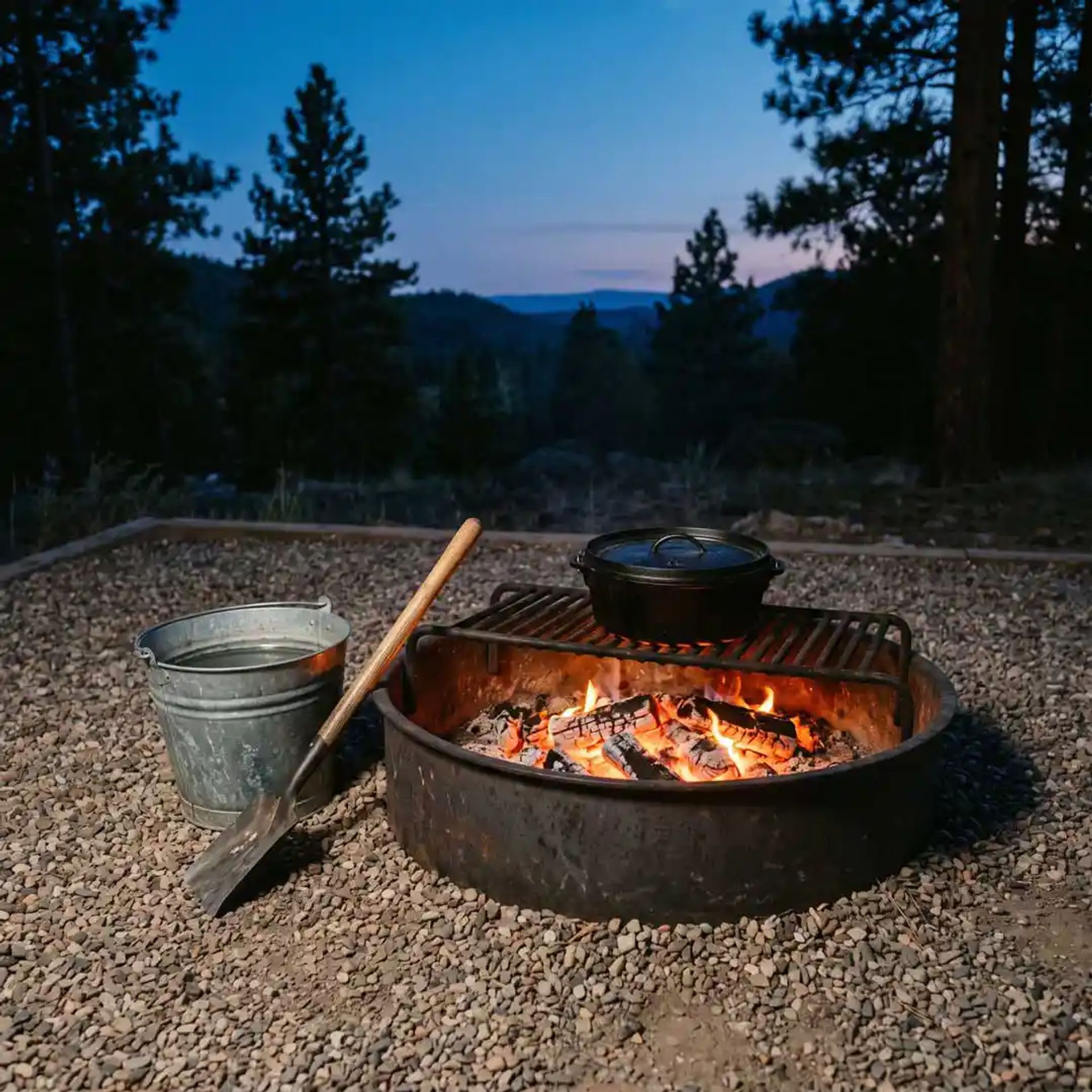 Fire pit for camping with a bucket of water next to it.