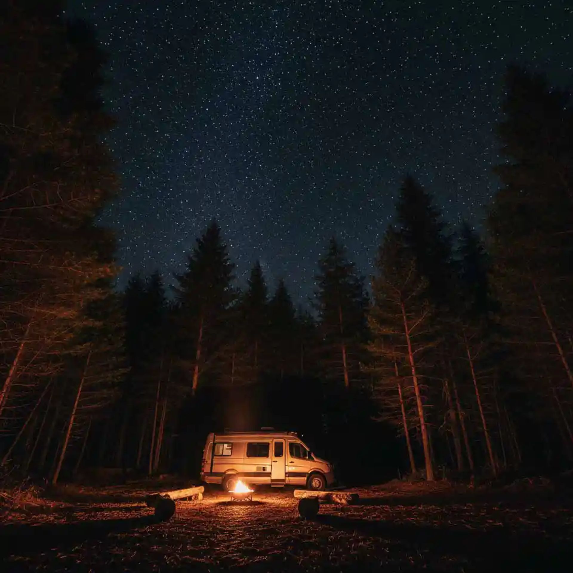 Class B RV in the wooded area with a campfire