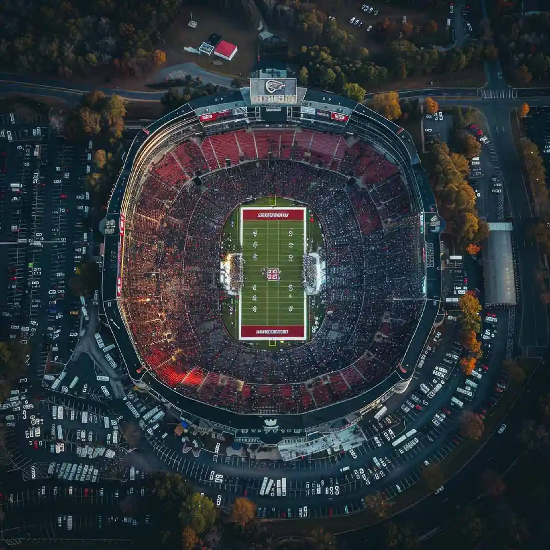 Bird's eye view of a stadium and tailgating at a college football game.