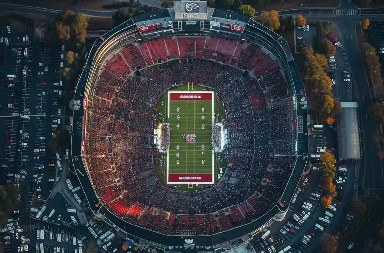 Bird's eye view of a stadium and tailgating at a college football game.