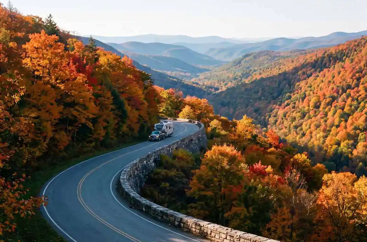 Truck pulling a travel trailer through the Blue Ridge mountains