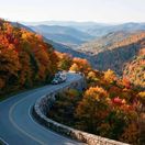 Truck pulling a travel trailer through the Blue Ridge mountains