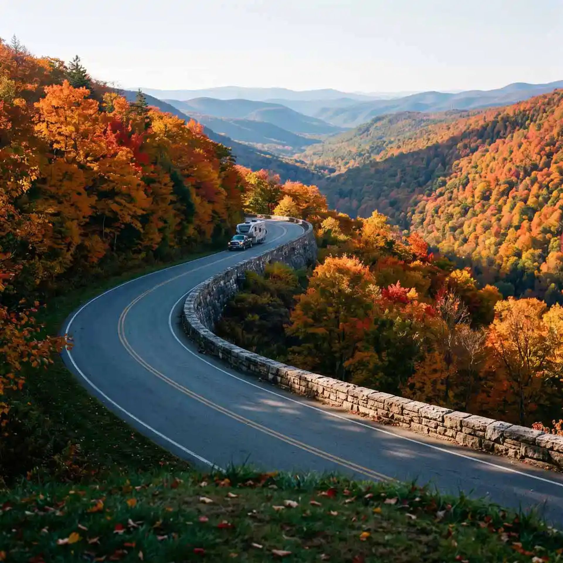 Truck pulling a travel trailer through the Blue Ridge mountains