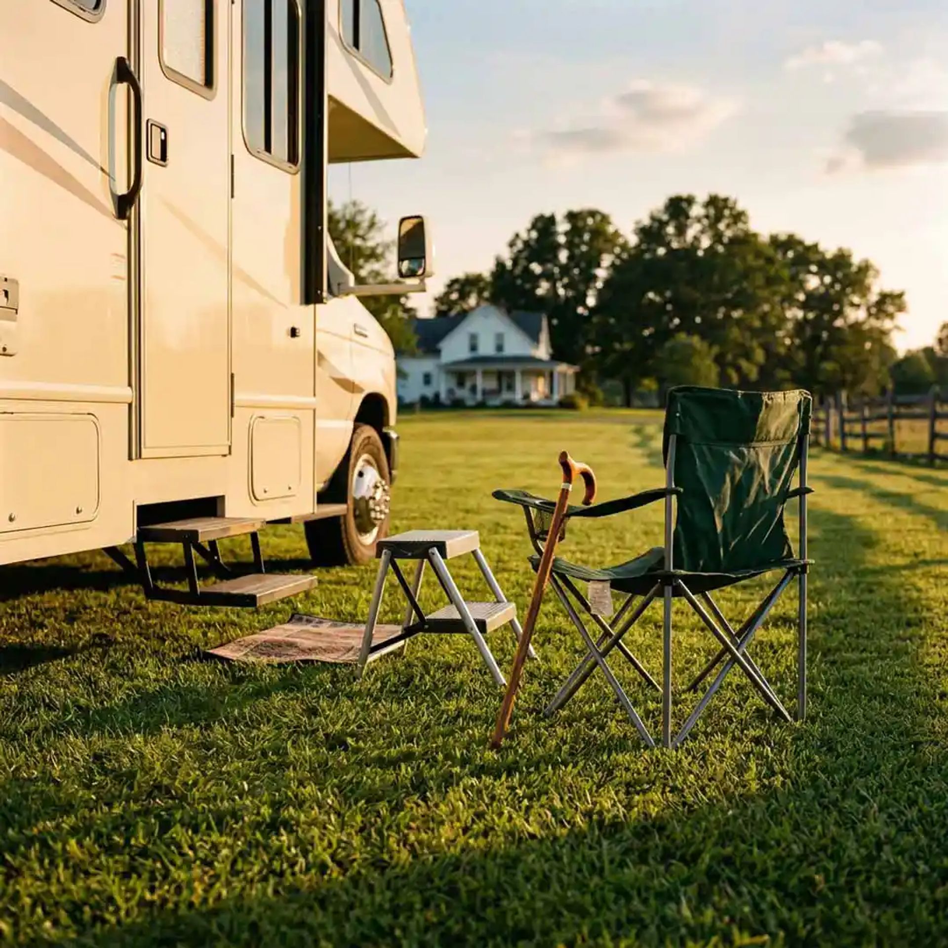 Cane and chair next to a Class B RV. 