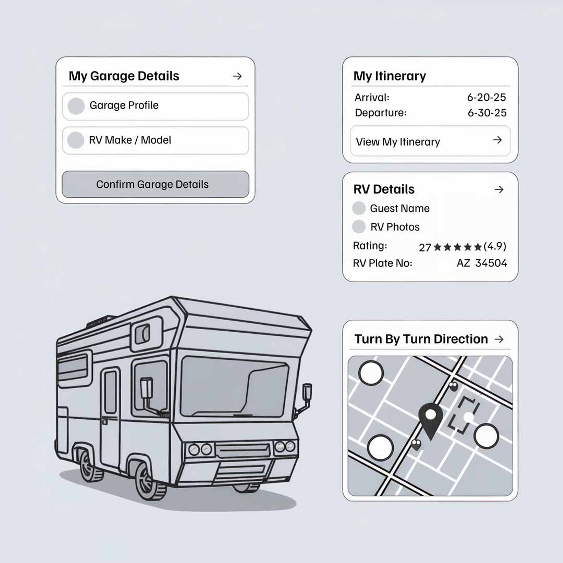 Illustration of RV and benefits that are offered to CurbNTurf guests. 
