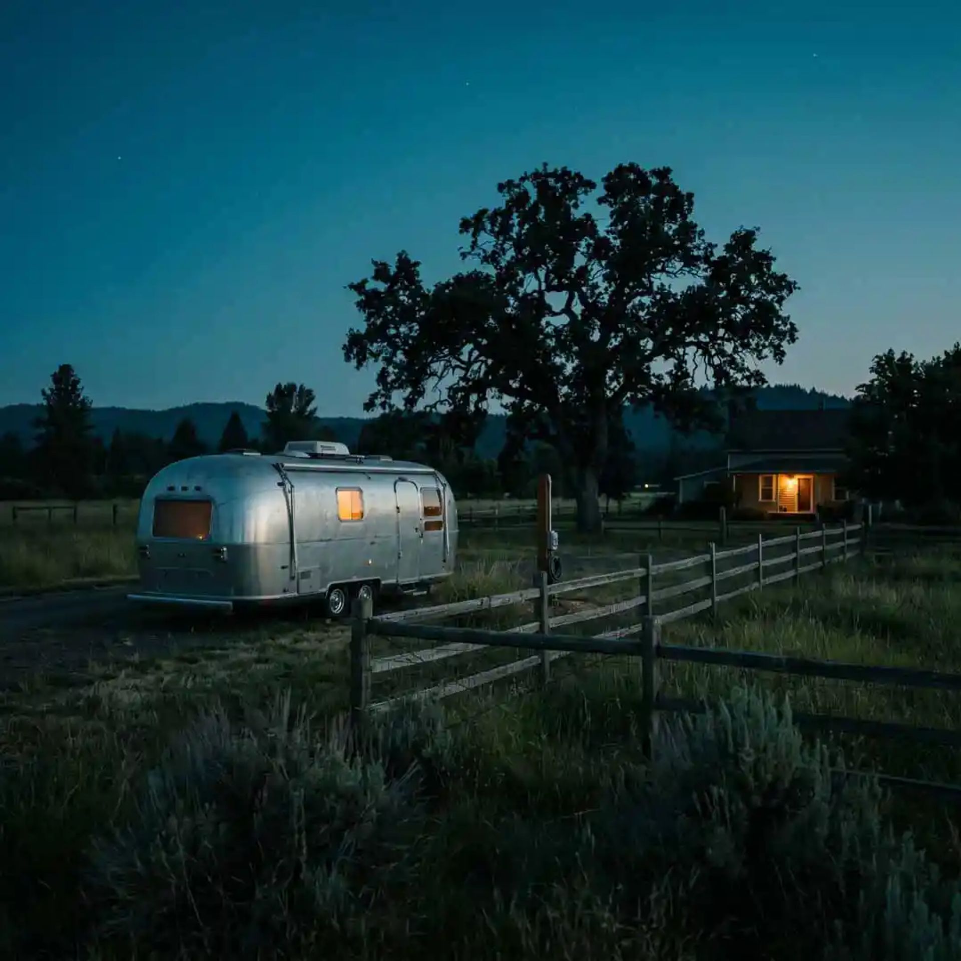 Airstream parked in the countryside.