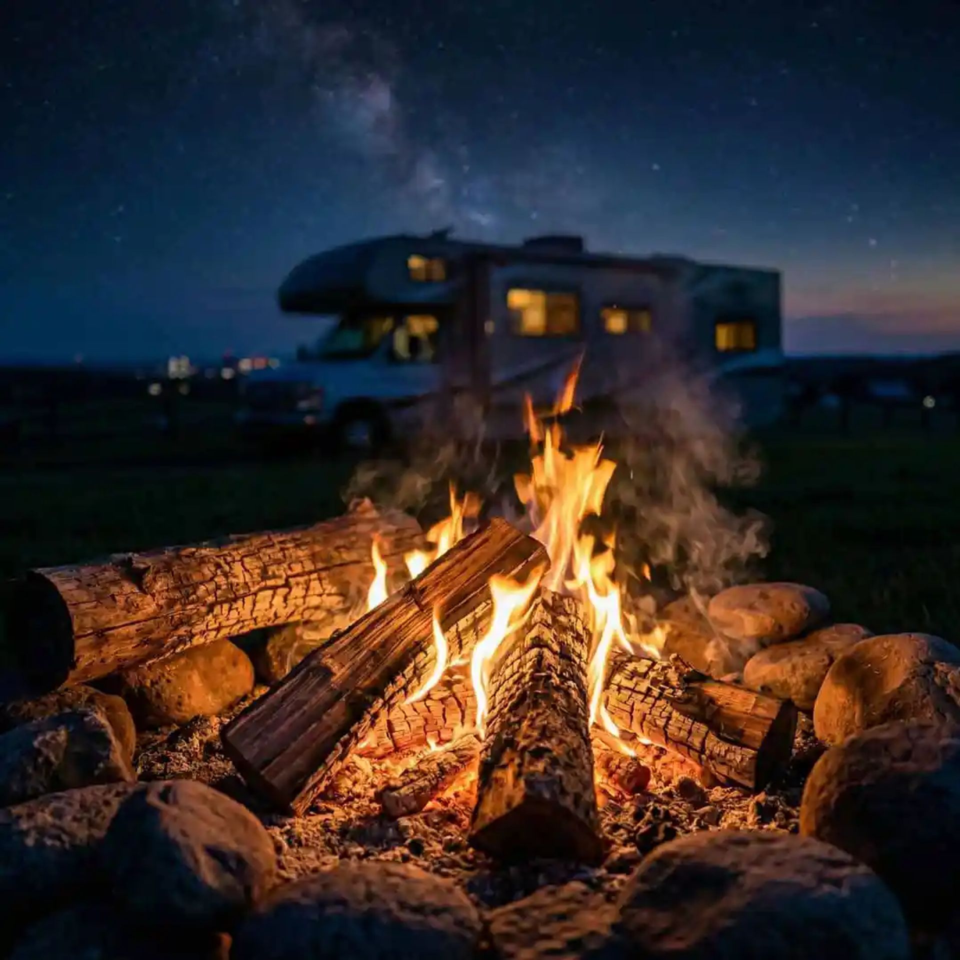 Campfire in the night sky with RV in the background