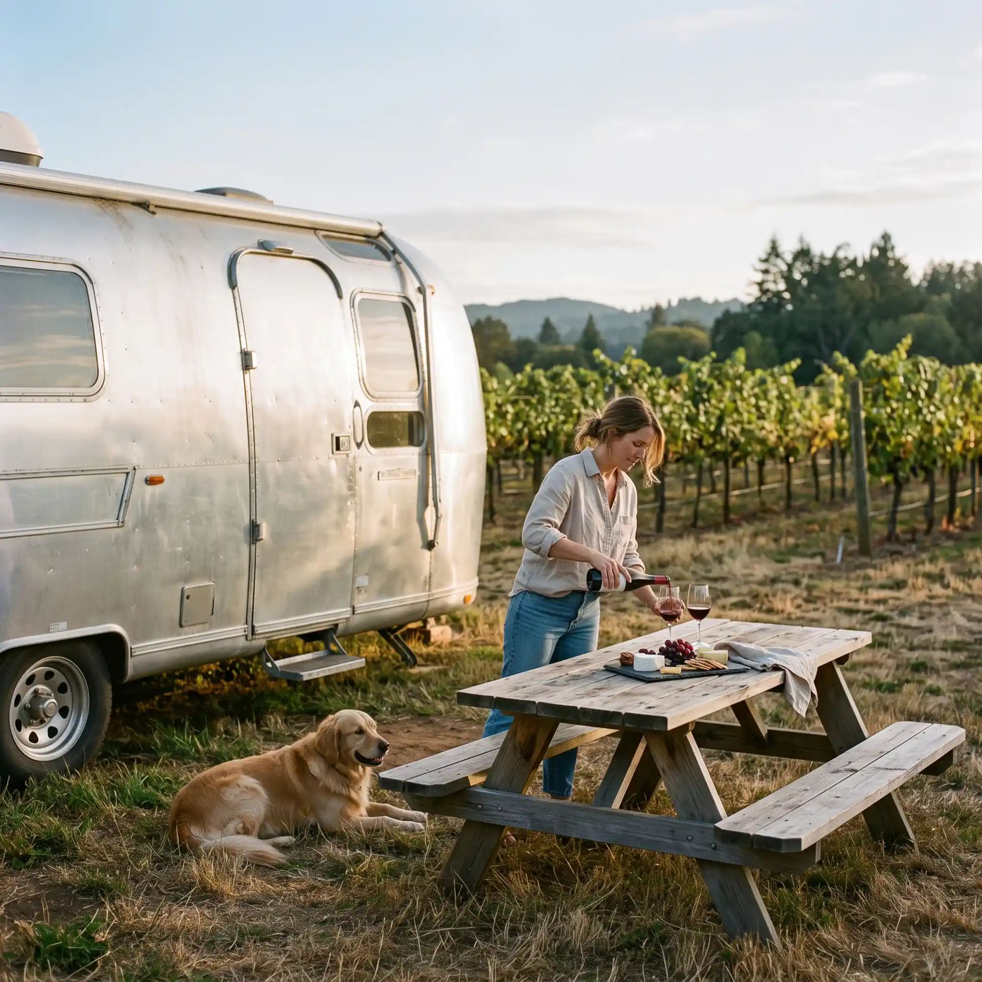 A young lady camping at a vineyard. 