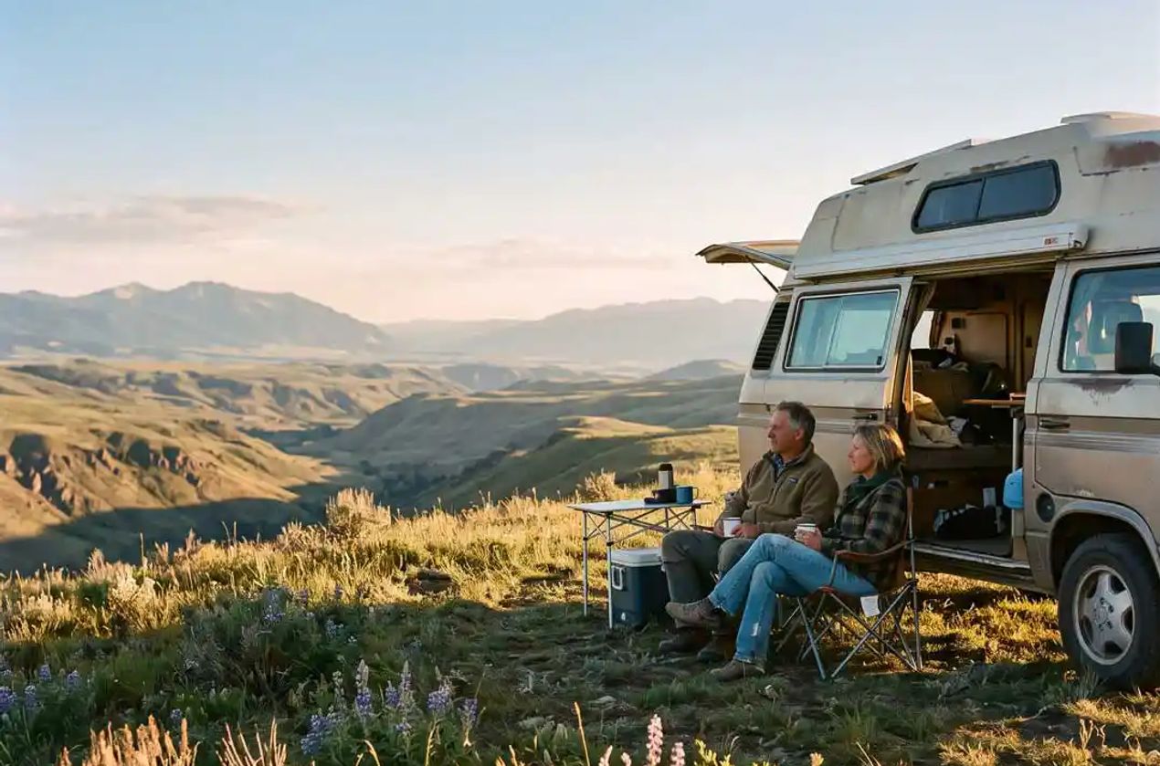 A couple RVing in the wilderness