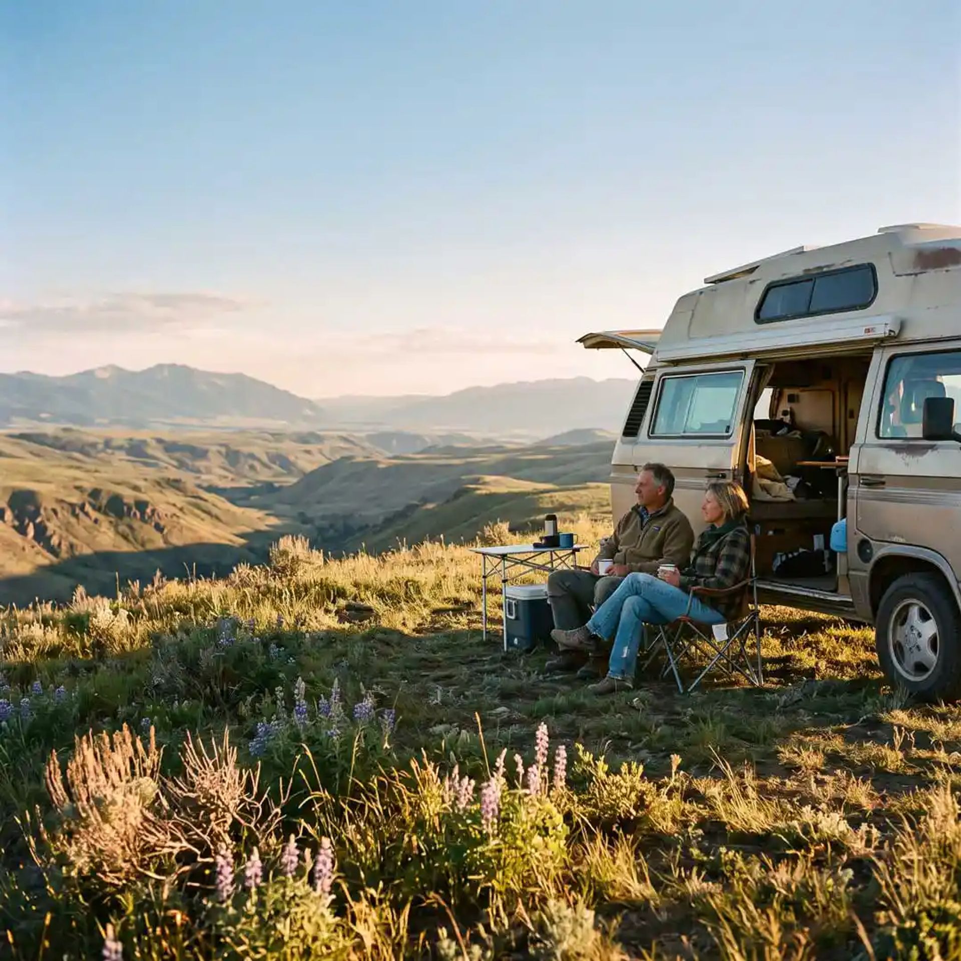 A couple RVing in the wilderness