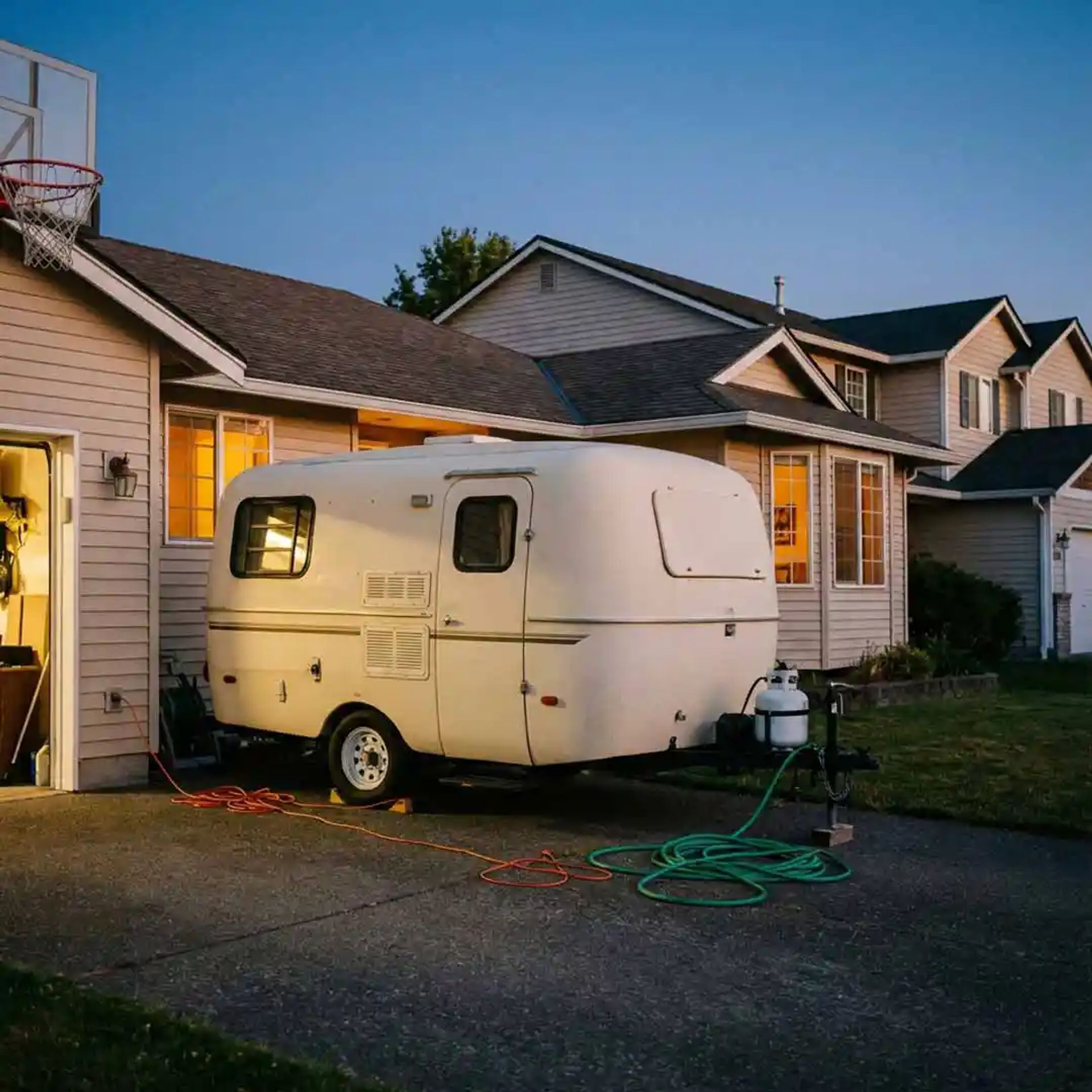Travel trailer parked in the driveway of a house.