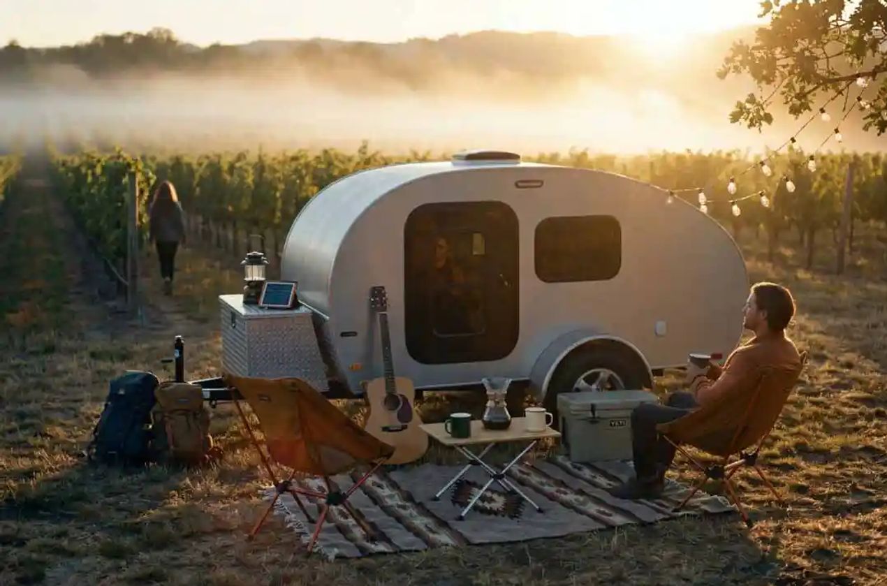 Teardrop camper boondocking at a vineyard