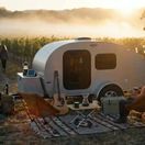 Teardrop camper boondocking at a vineyard