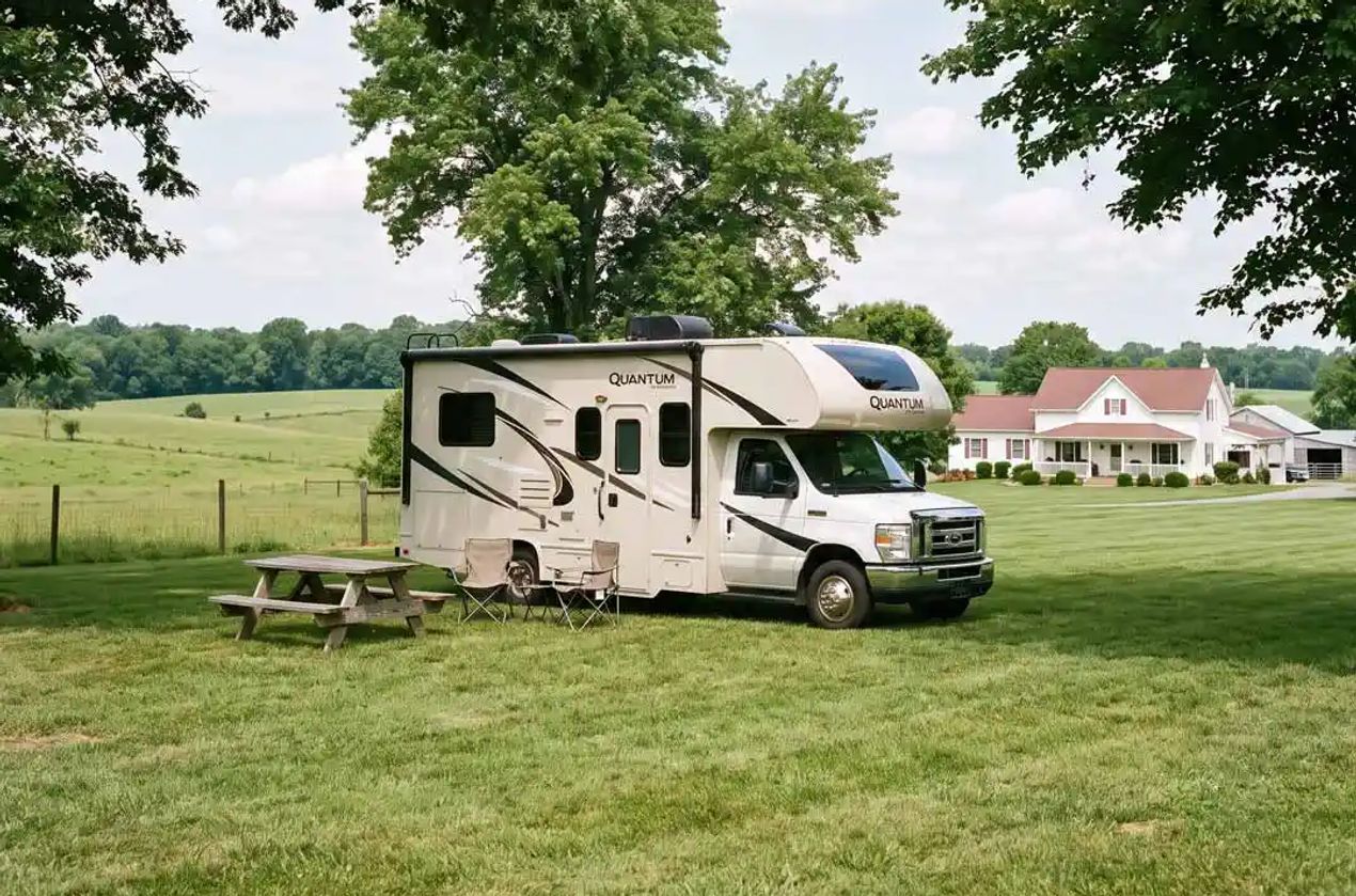 Class B RV parked in a pasture near a picnic table