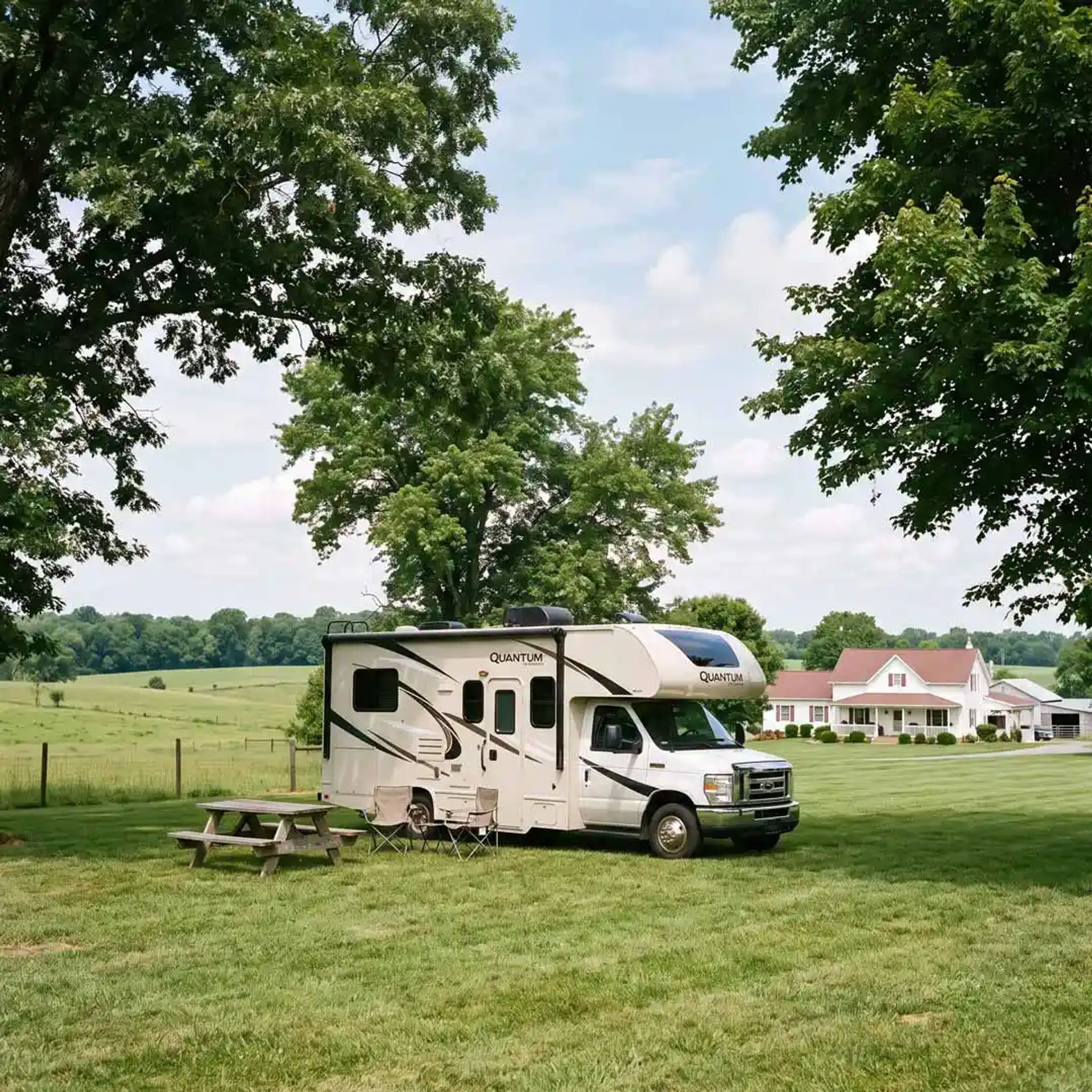 Class B RV parked in a pasture near a picnic table