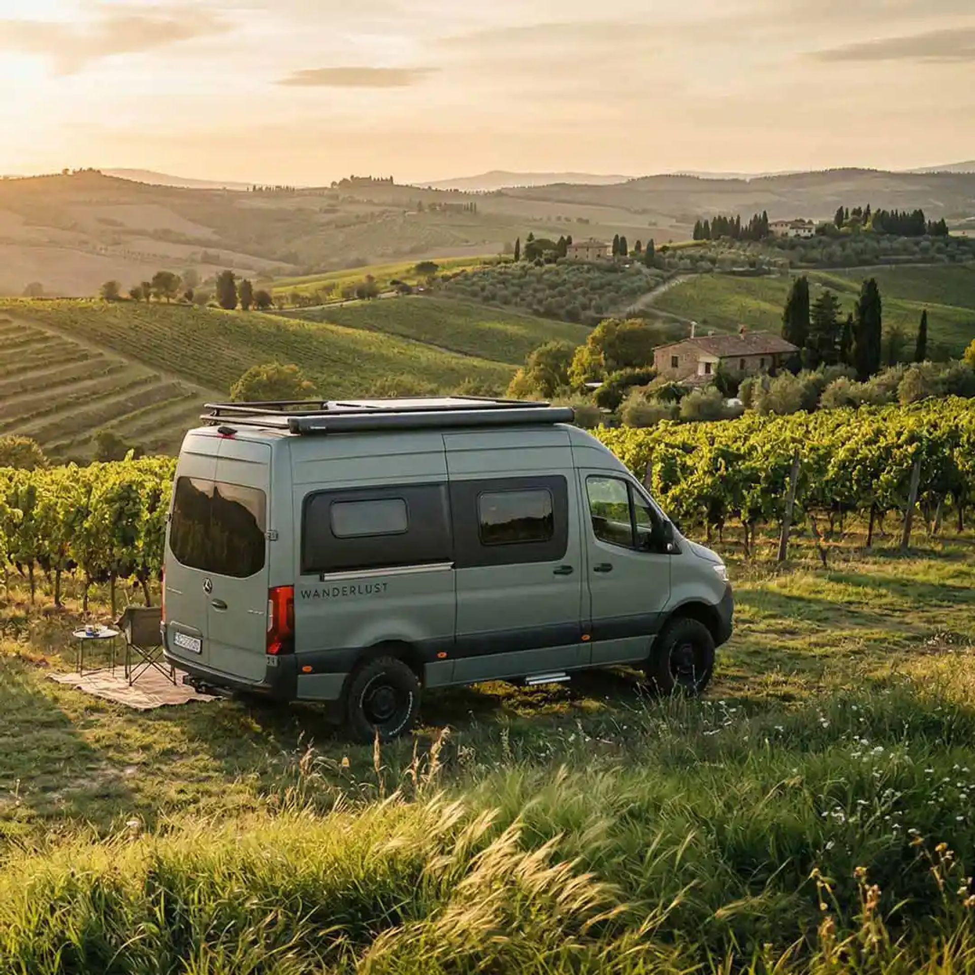 Class B RV parking at a vineyard. 
