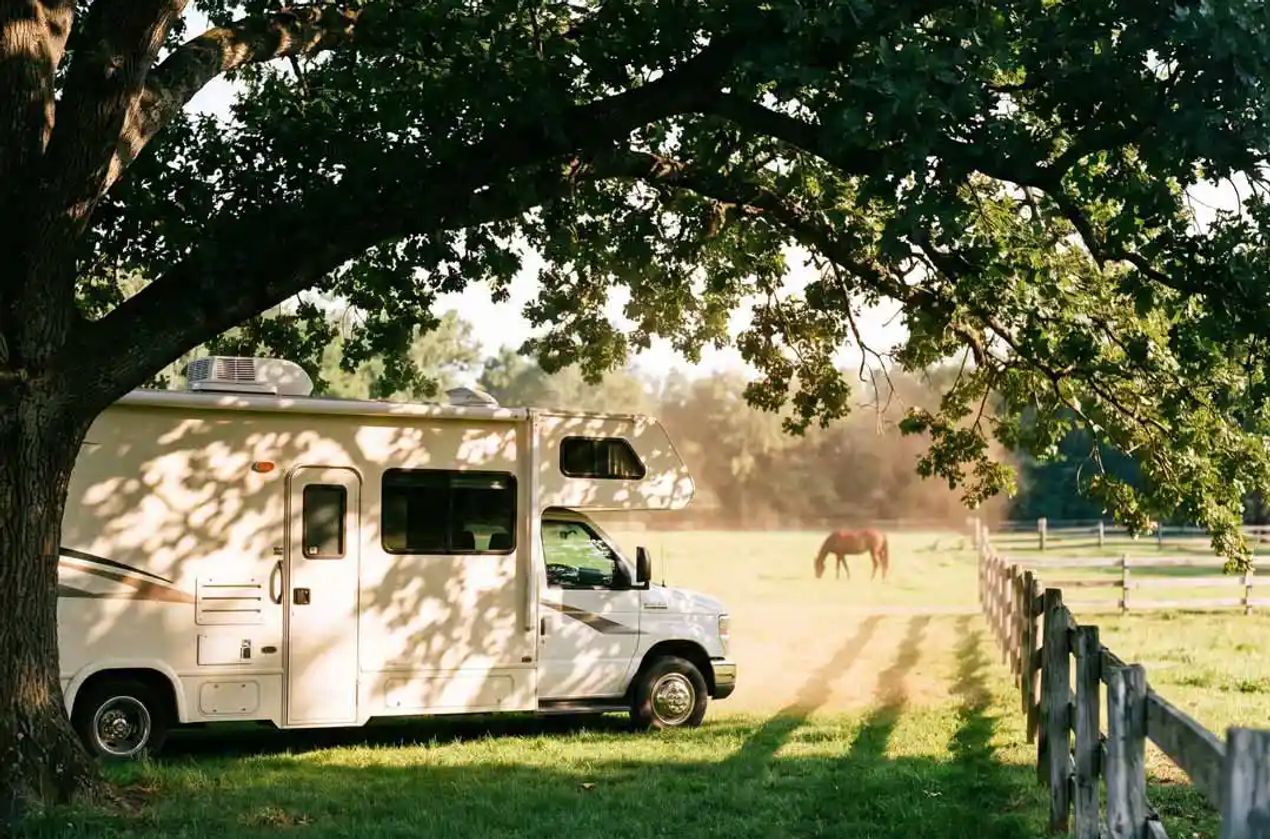 RV parked under the shade in a pasture.