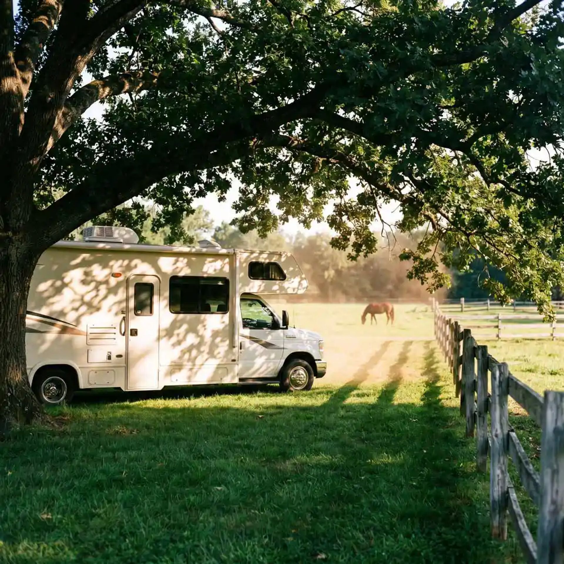 RV parked under the shade in a pasture. 