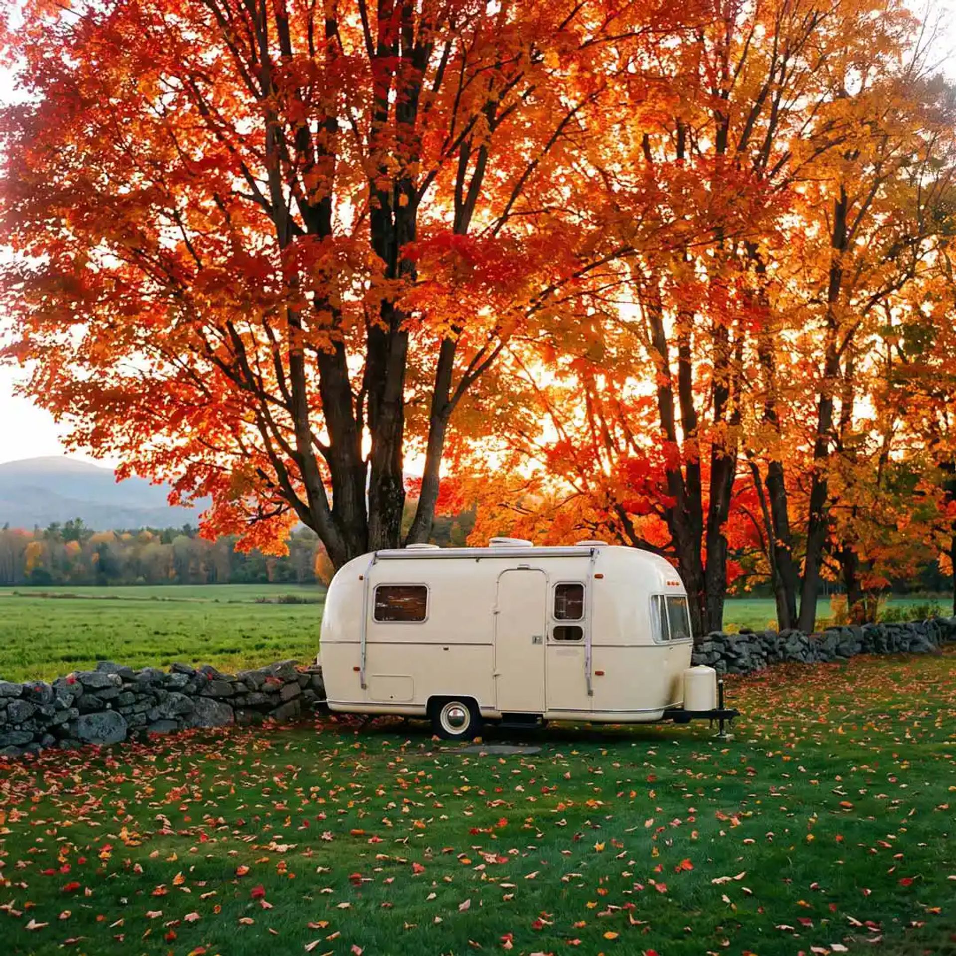 Travel camper parked in a field in New England area.