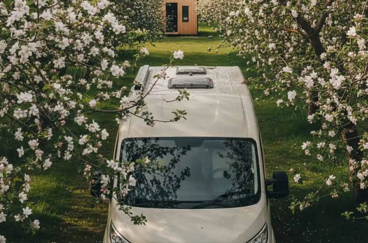 Class B RV in the spring bloom of an apple orchard