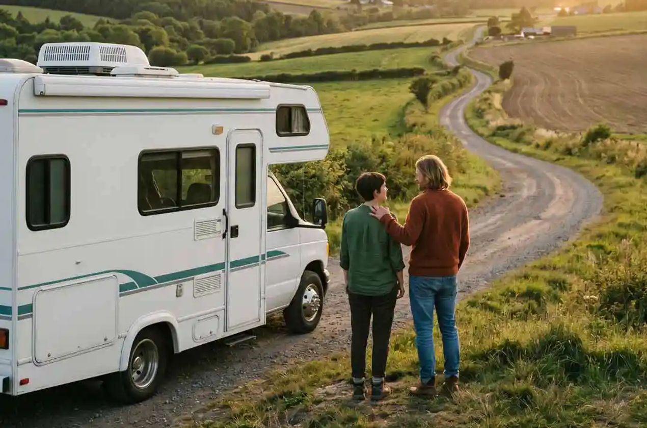 A couple with their Class B next to a road near rolling farmland hills.