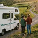 A couple with their Class B next to a road near rolling farmland hills.