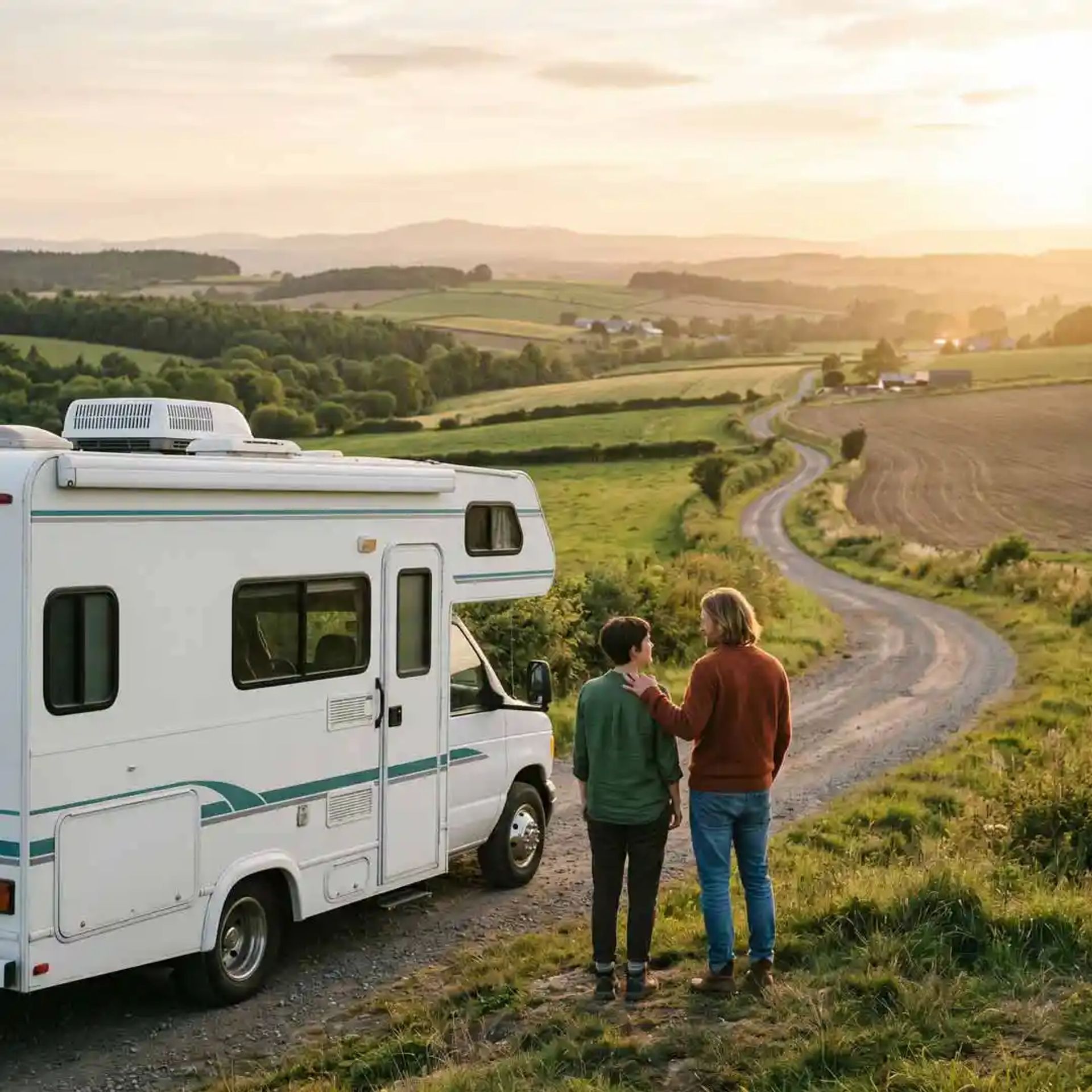 A couple with their Class B next to a road near rolling farmland hills.