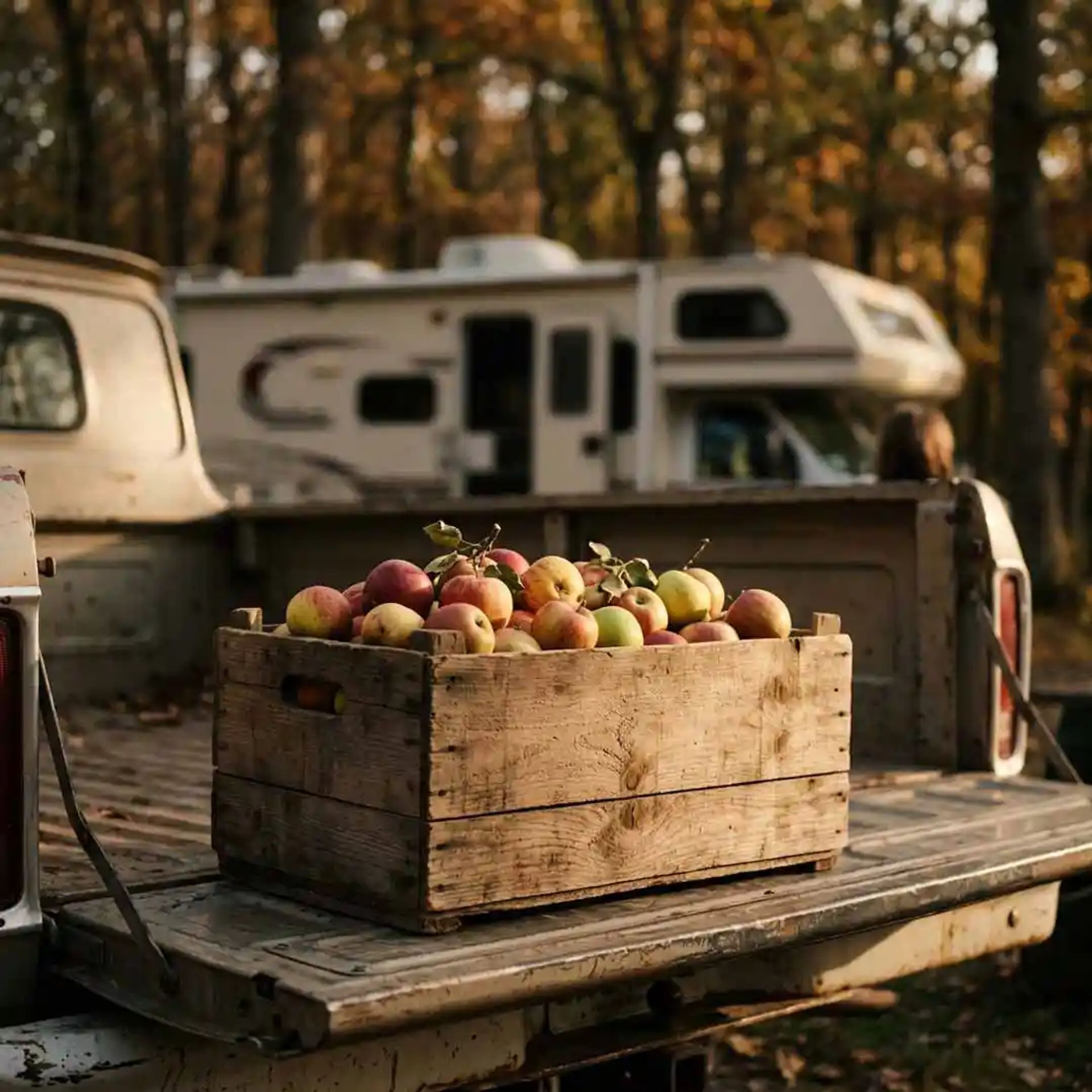 Bushels of apples with an RV in the background.