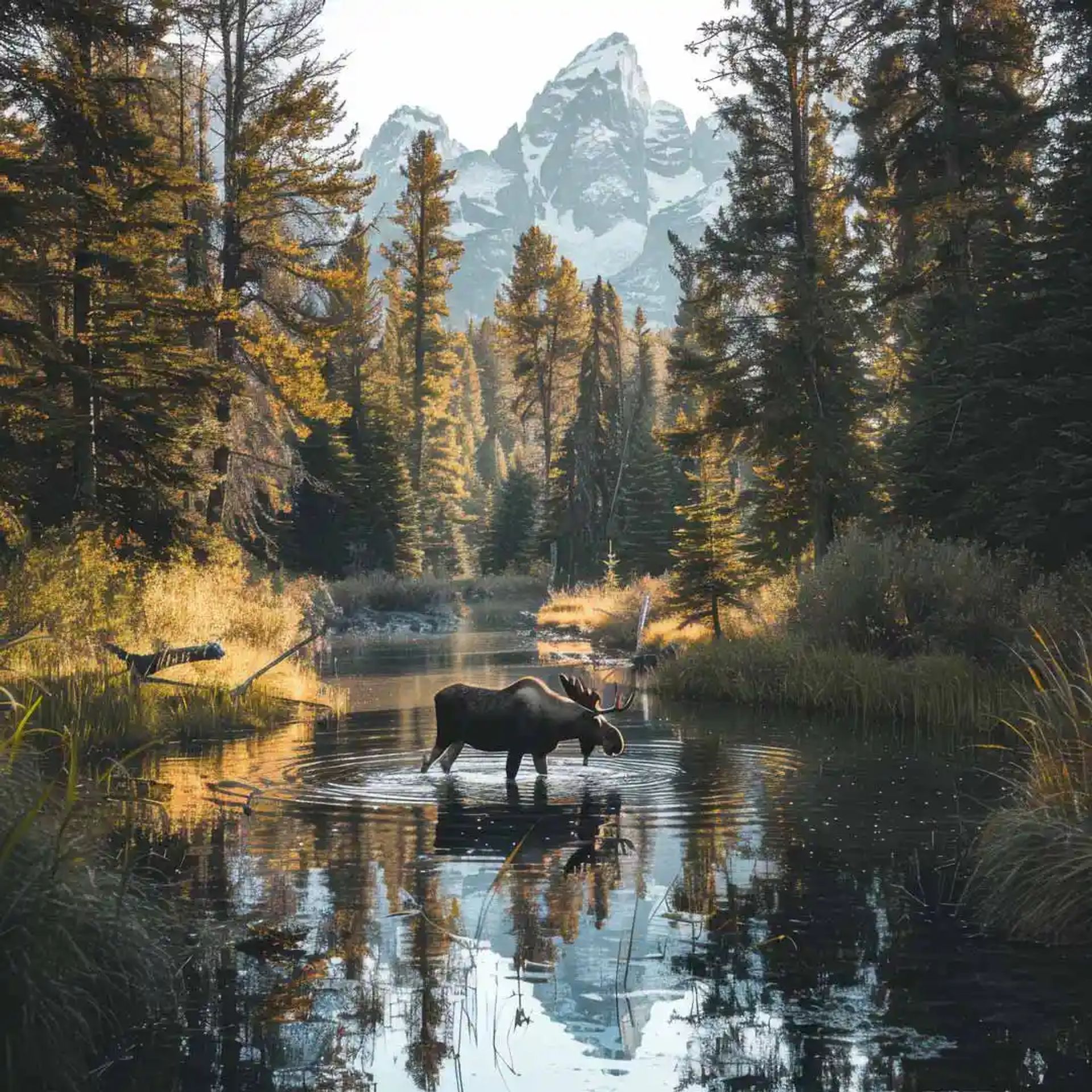 Moose in the water with the Teton mountains in the distance.