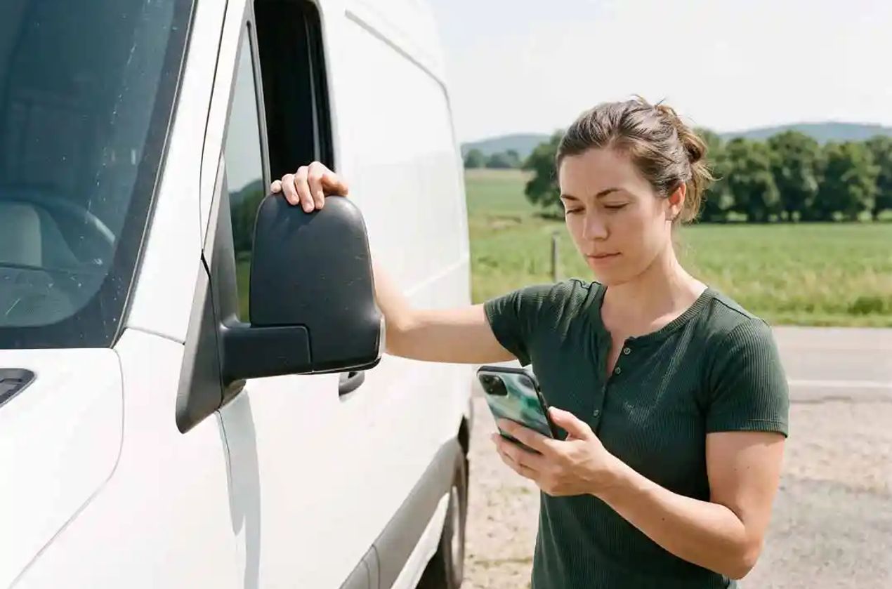 Young woman near her camper RV, checking her phone.