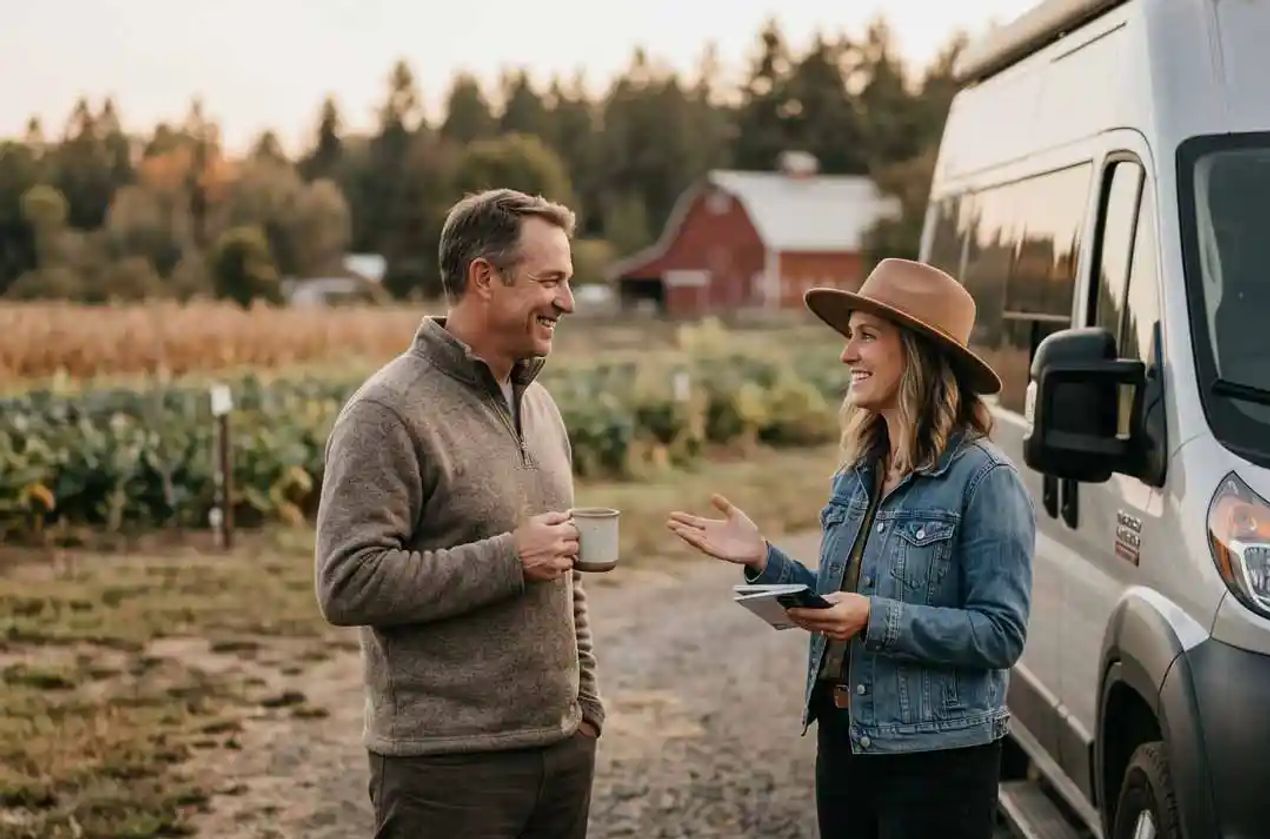 Host and guest talking at a farm.