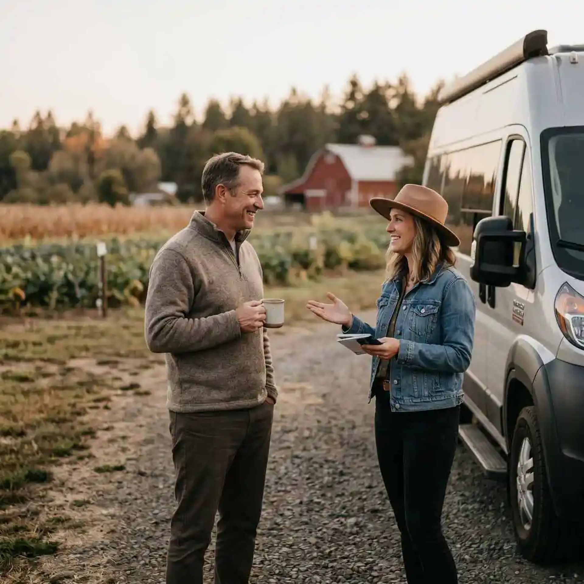 Host and guest talking at a farm.