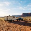 Truck pulling travel trailer to go boondocking