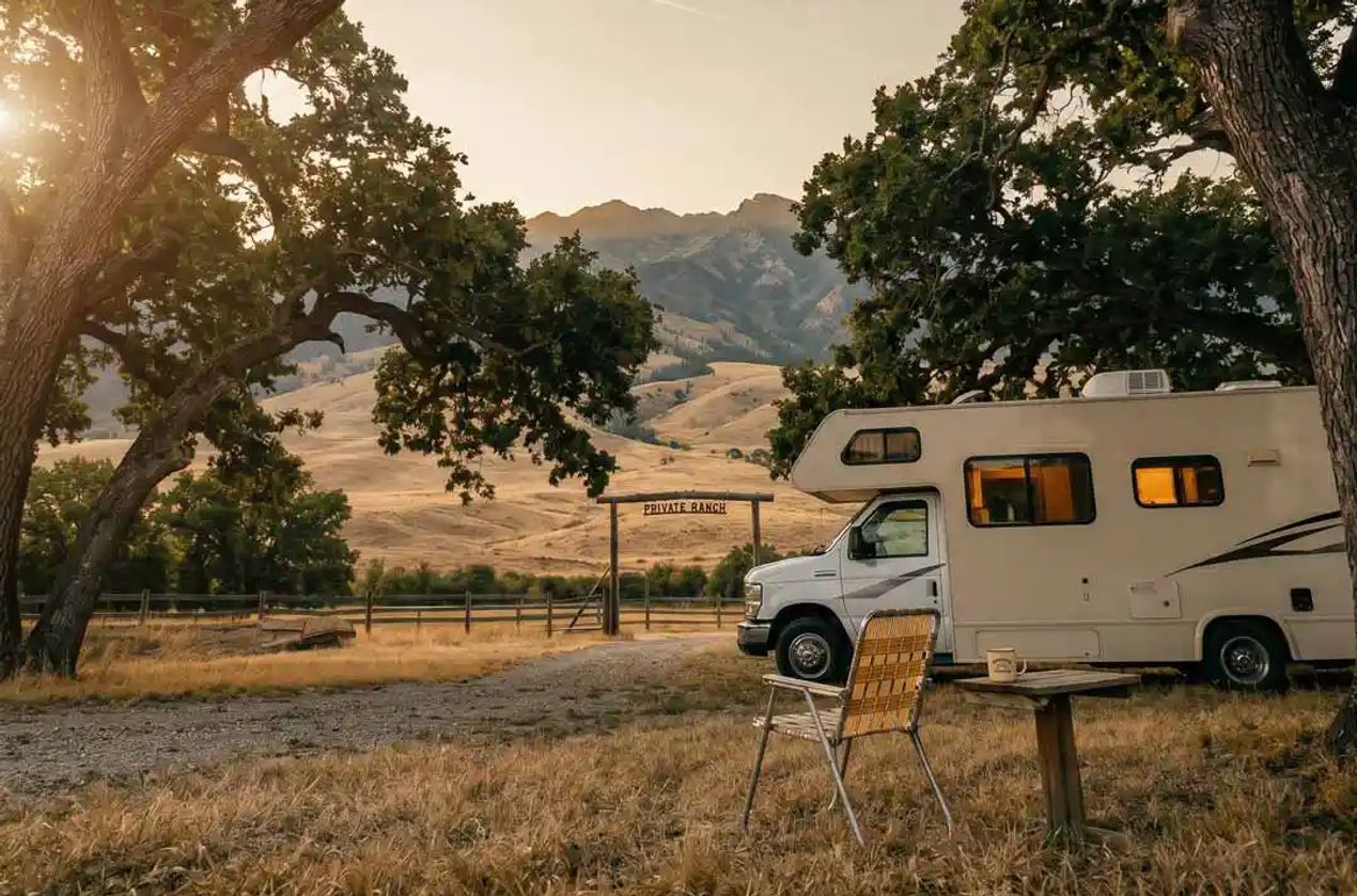 A Class C RV parked near a private site near Yellowstone.
