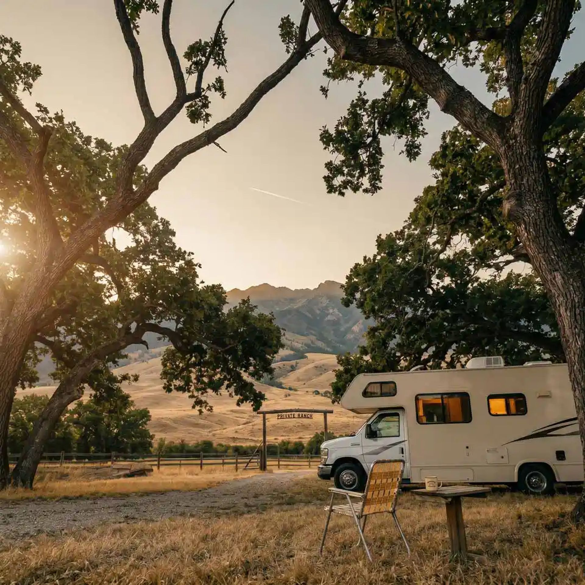 A Class C RV parked near a private site near Yellowstone. 
