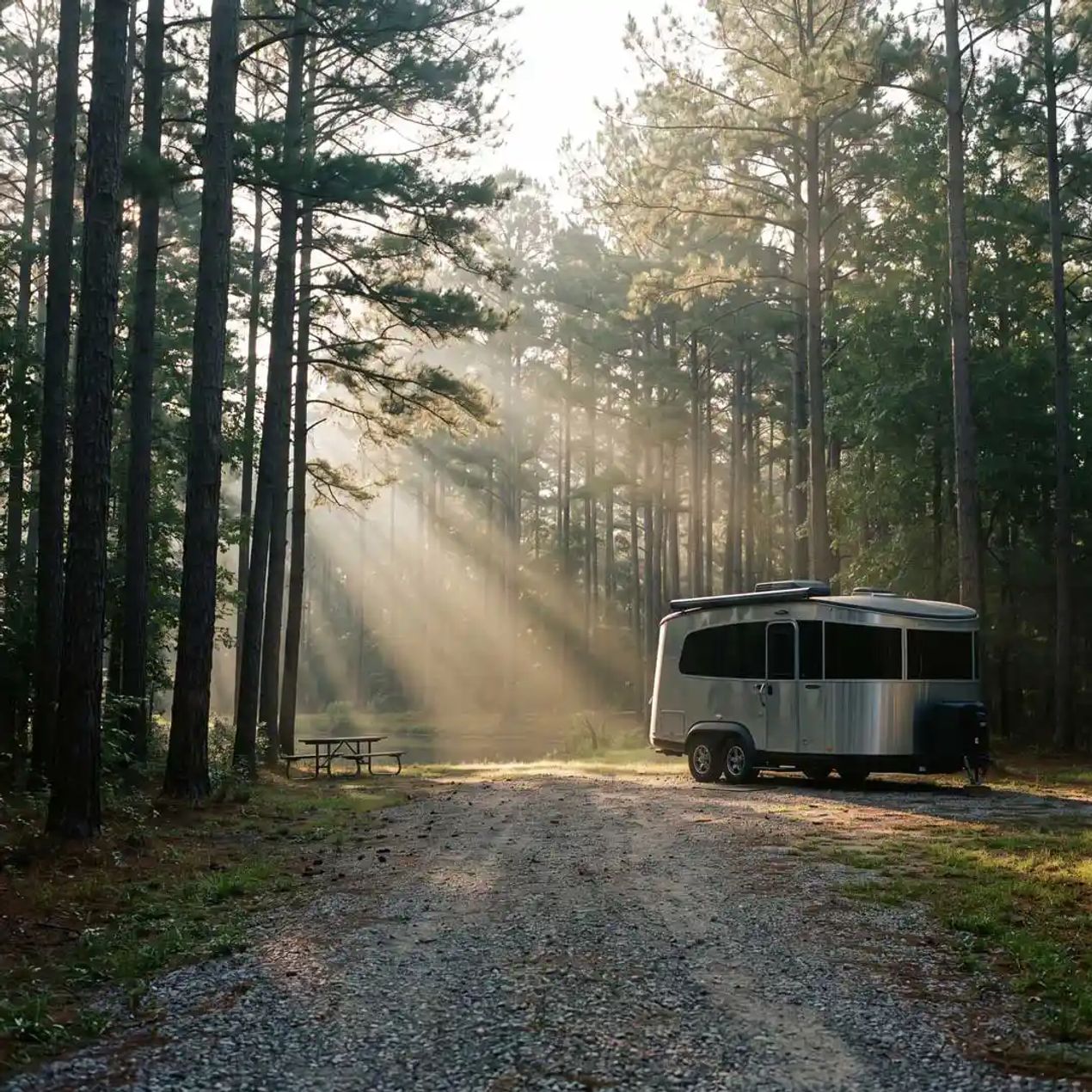 Travel tailer camping in the forest. 