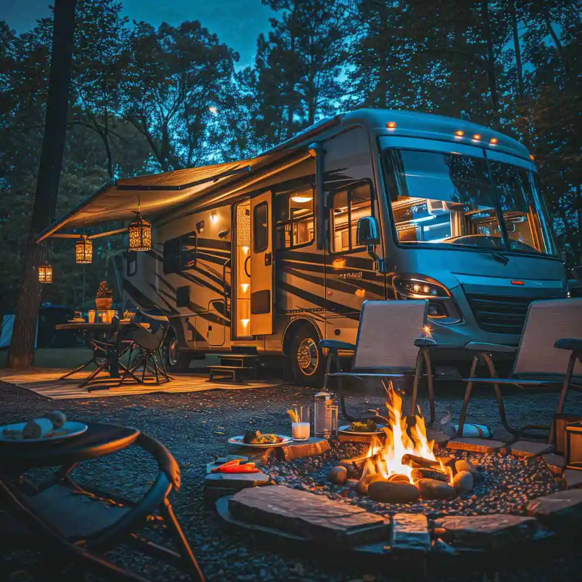 Class A RV camped at night near a camp fire. 