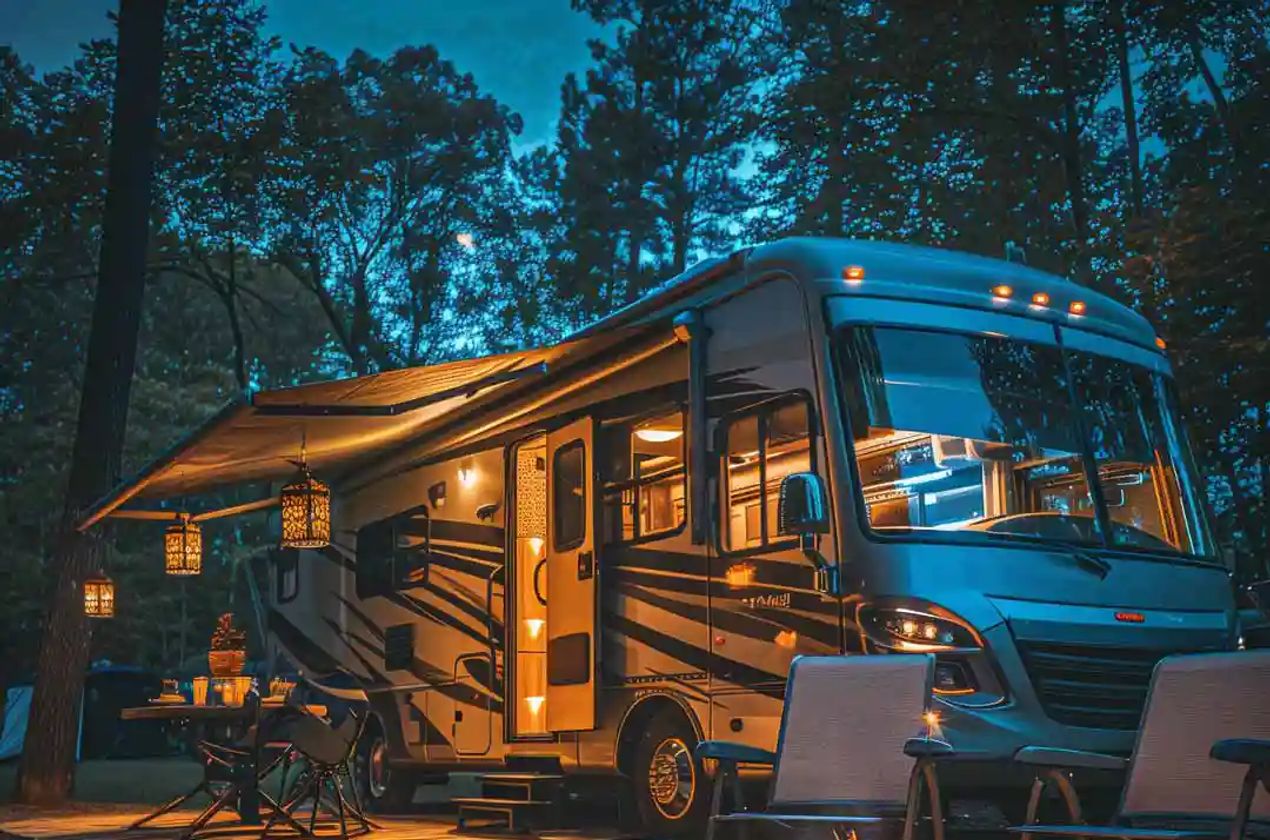 Class A RV camped at night near a camp fire.